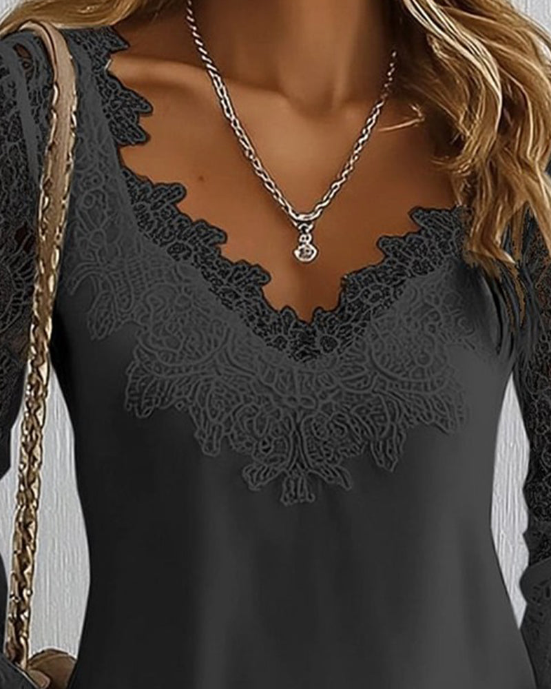 Topp Patchwork Langærmet V-Hals