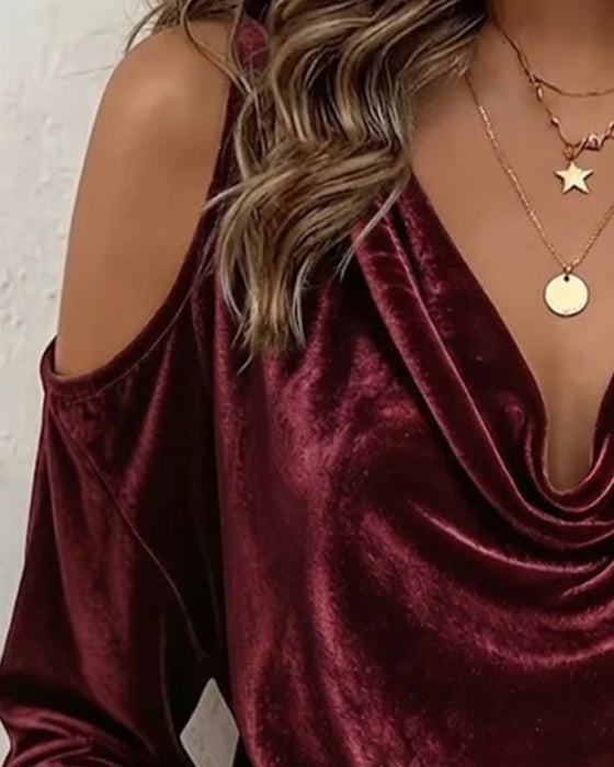 Bluse Fløjl Bardot Cowl Hals Lang Ærme