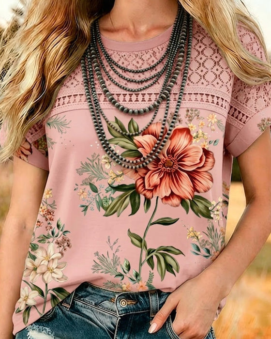 T-Shirt Udskæring Patchwork Kort Ærme