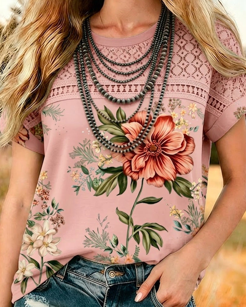 T-Shirt Udskæring Patchwork Kort Ærme