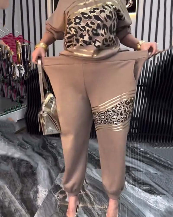 Sæt Leopardprint Afslappet Sweatshirt