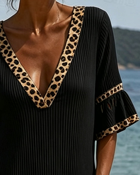 Kjole V-Hals Ruffle Leopard Patchwork
