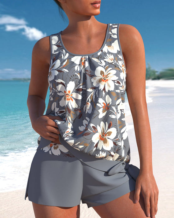 Casual blomstermønstret tankini m/shorts