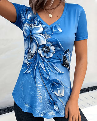 T-Shirt Blomstret V-Hals Kortærmet