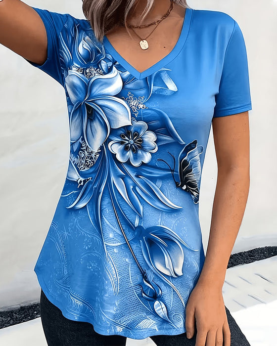 T-Shirt Blomstret V-Hals Kortærmet