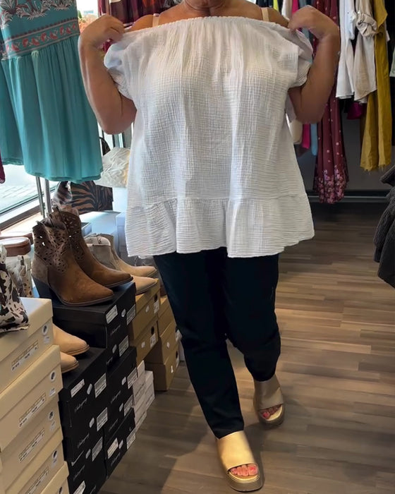 Bluse Rund Hals Rynket Afslappet Solid