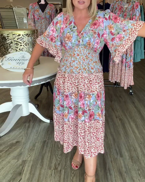 Kjole V-Hals Lotussærme Blomstret