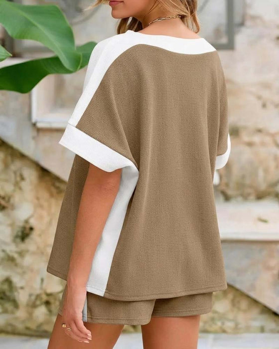 Set Farveblok Kort Ærme Shorts Afslappet