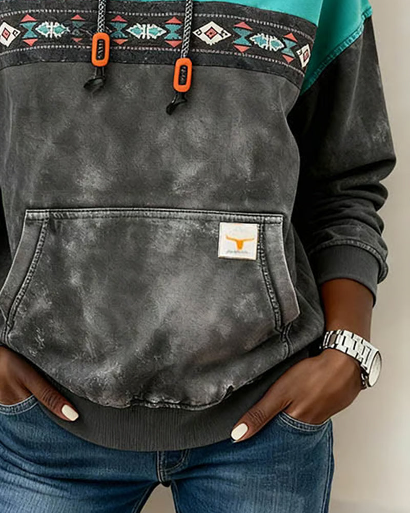 Retro Hættetrøje Med Lomme Og Farveblokning