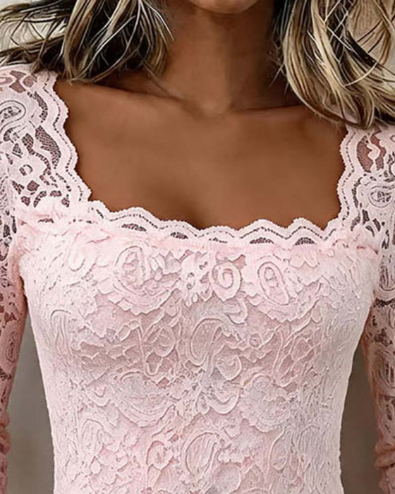 Bluse Firkantet Hals Blonder Patchwork