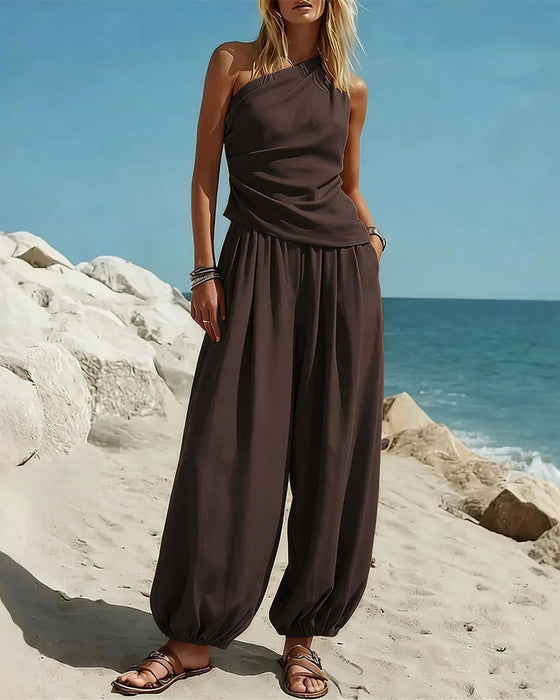 Set Enskulder Tank Top Høj Talje Bukser