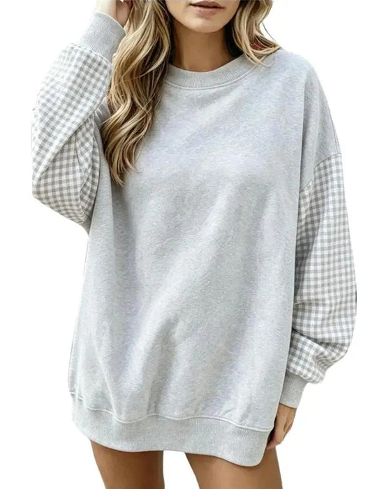 Sweatshirt Rund Hals Terning Patchwork Ensfarvet