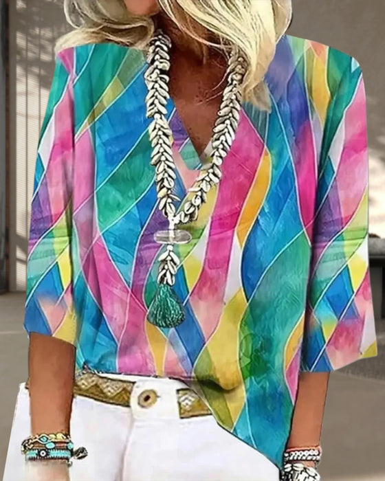 Bluse V-Hals Kontrastfarve