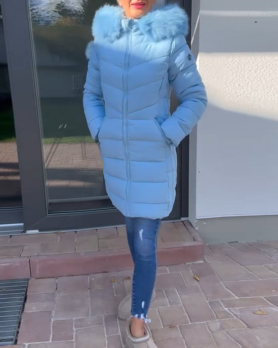 Ensfarvet vatteret jakke med lynlås og pelskrave