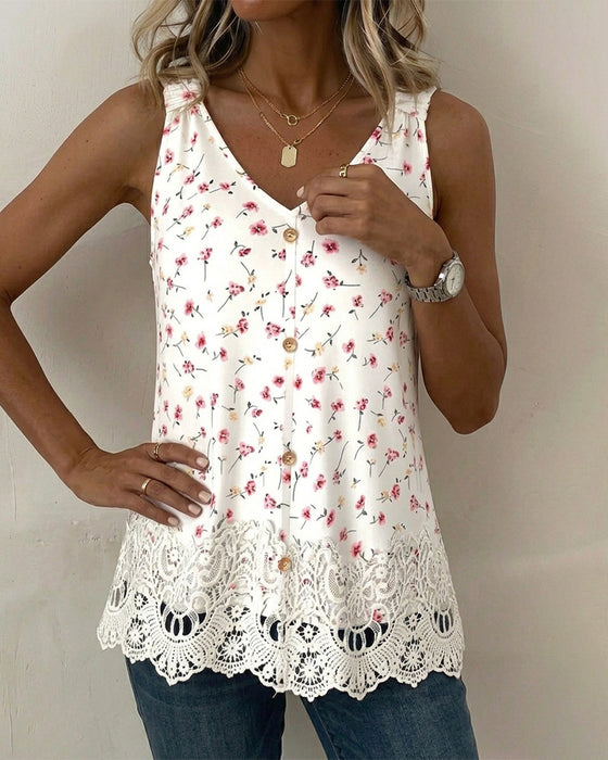 Tank Top V-Hals Spagettibånd Blomstrende Blonder Patchwork