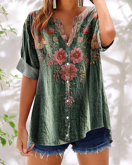 Bluse med modeprint og v-hals