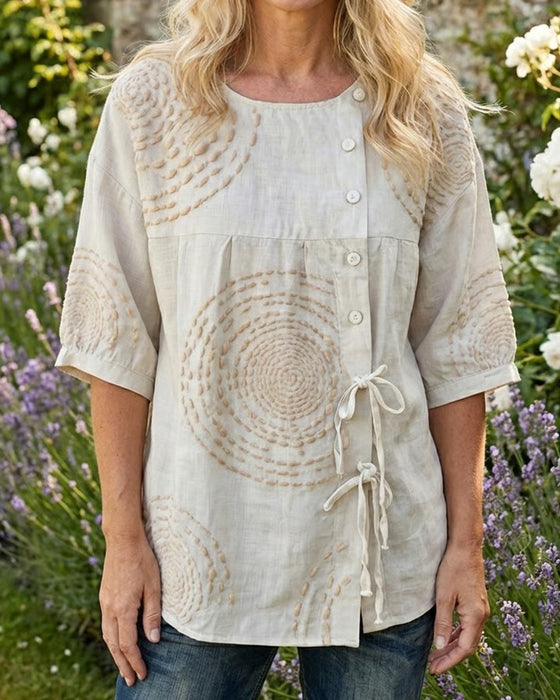Bluse Rund Hals Løs Sidebinding Trykt
