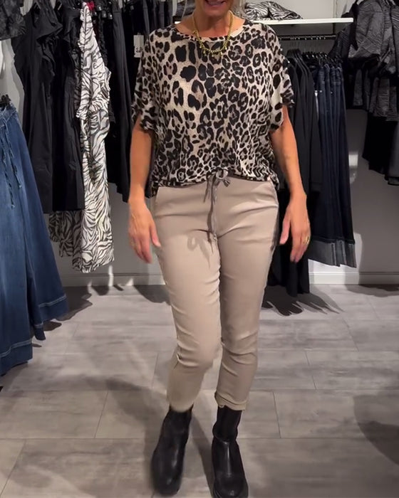 Bluse Rund Hals Leopardtryk Korte Ærmer