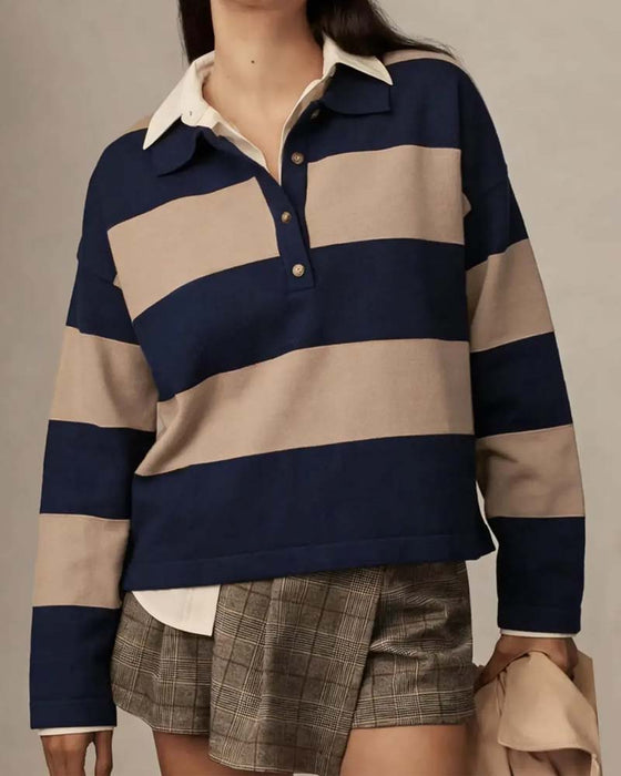 Pullover Med Bred Stribet Knappet Krave