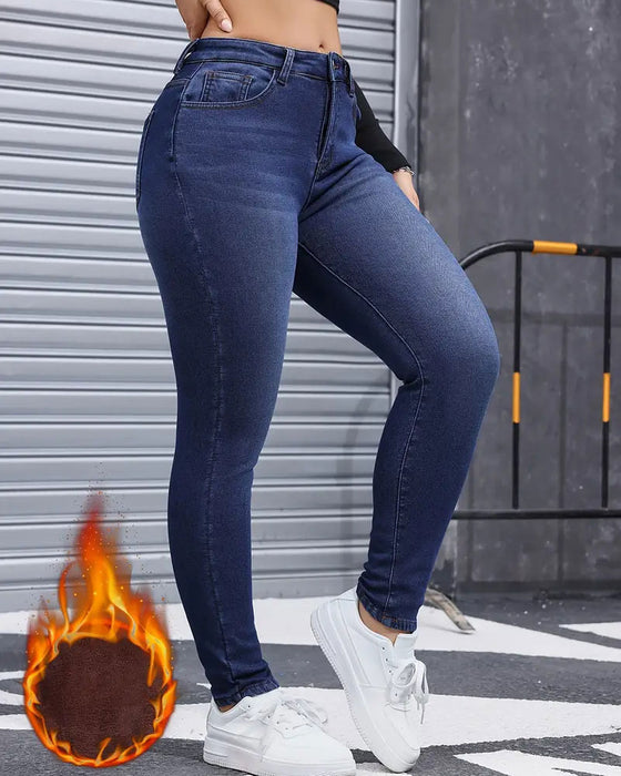 Jeans Dame Fleeceforet Ensfarvet Lomme