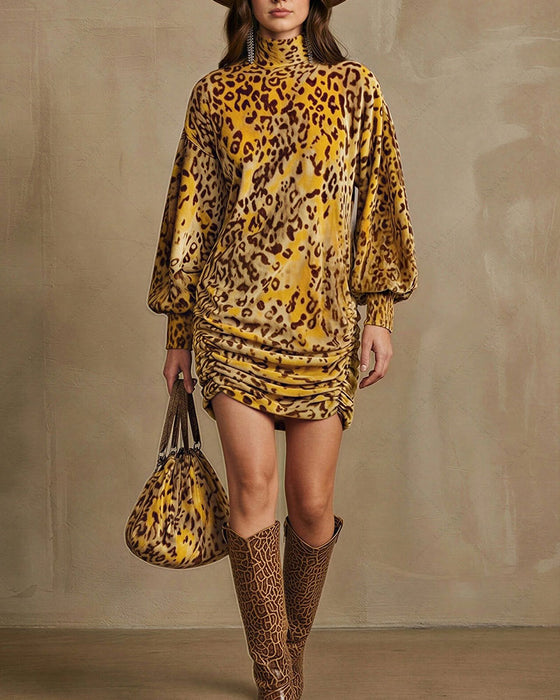 Kjole Høj Hals Leopard Lanterne Ærme Elegant