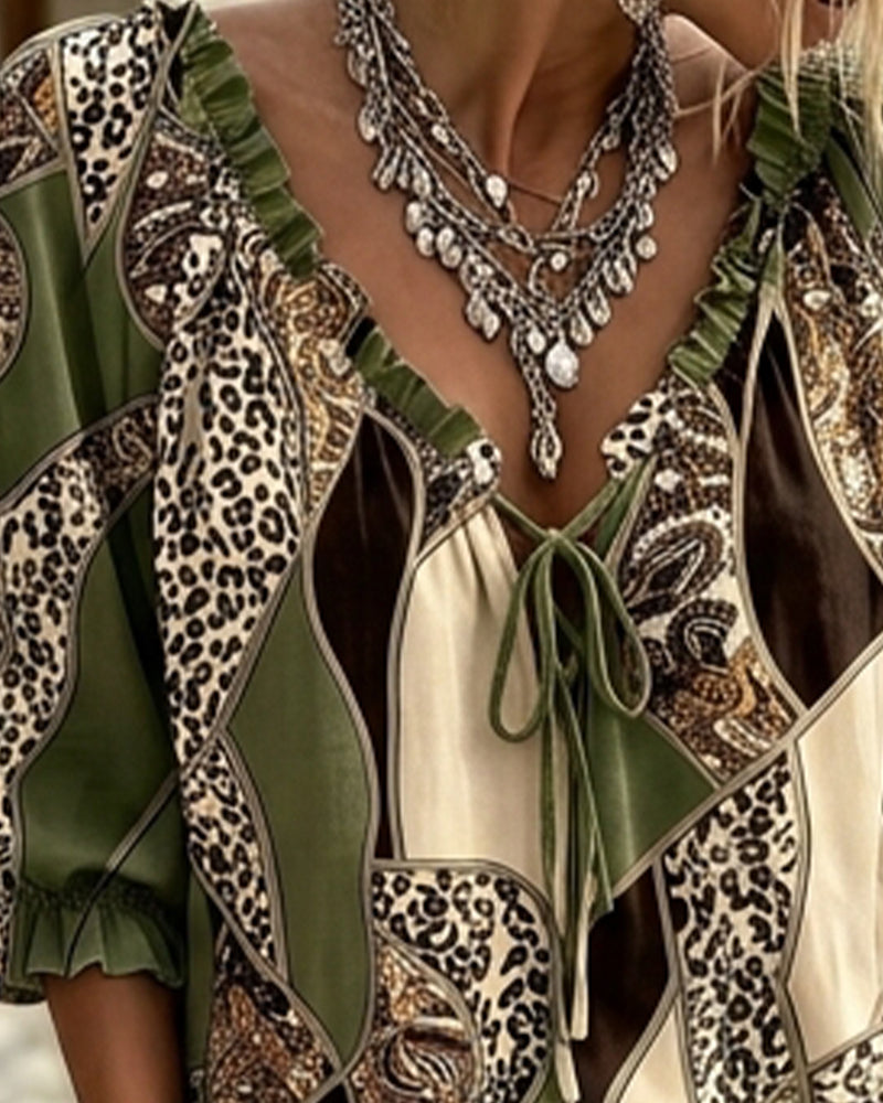 Bluse V-Hals Leopard Pufærme Bind
