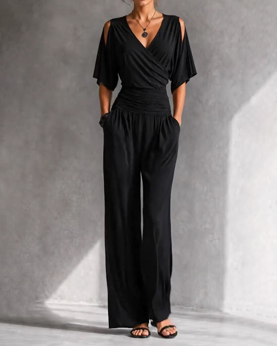 Jumpsuit V-Hals Crossover Kold Skulder Talje Lomme