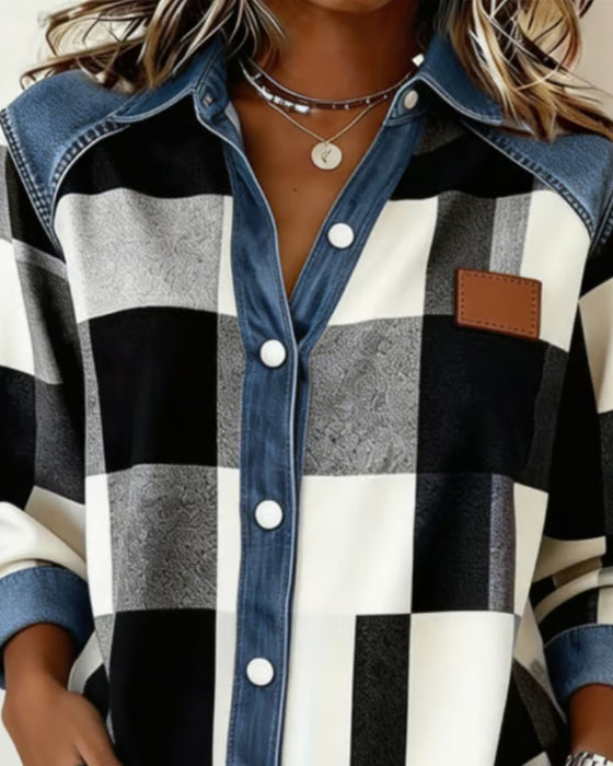 Skjorte Rutet Farveblok Denim Patchwork