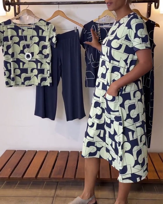 Kjole afslappet hver dag rund hals trykt