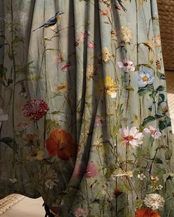 Kjole Skjortekrave Blomstret Denim Patchwork