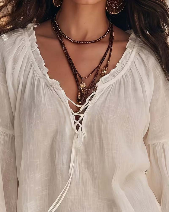 Bluse Puf Lanterne Ærme Ruffle Bind