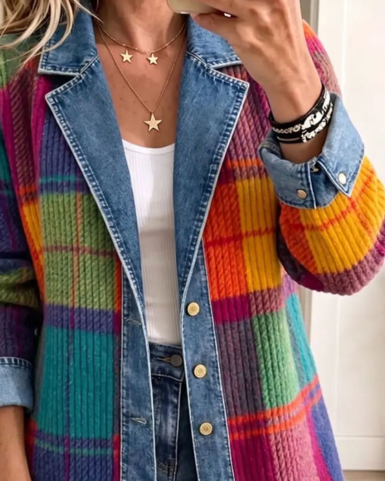 Frakke Reverskrave Knap Ribbet Farveblok Denim Patchwork