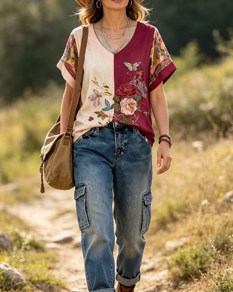 Bluse V-Hals Asymmetrisk Patchwork Blomstret
