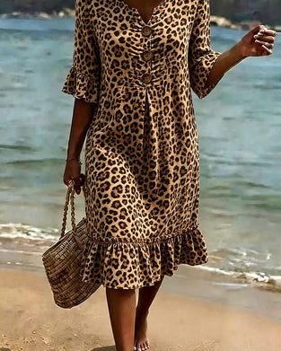Kjole Leopardprint V-Udskæring Flæse