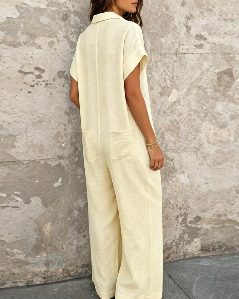Afslappet Ensfarvet Jumpsuit Med Krave