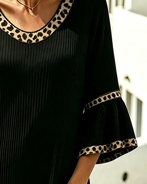Kjole Flare Ærme Ribbet Leopard