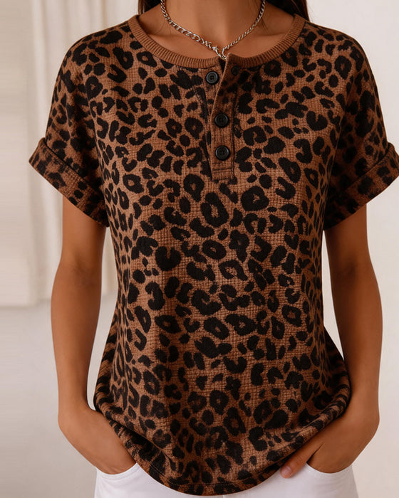 Top Henley Hals Leopard Tryk Vaffel