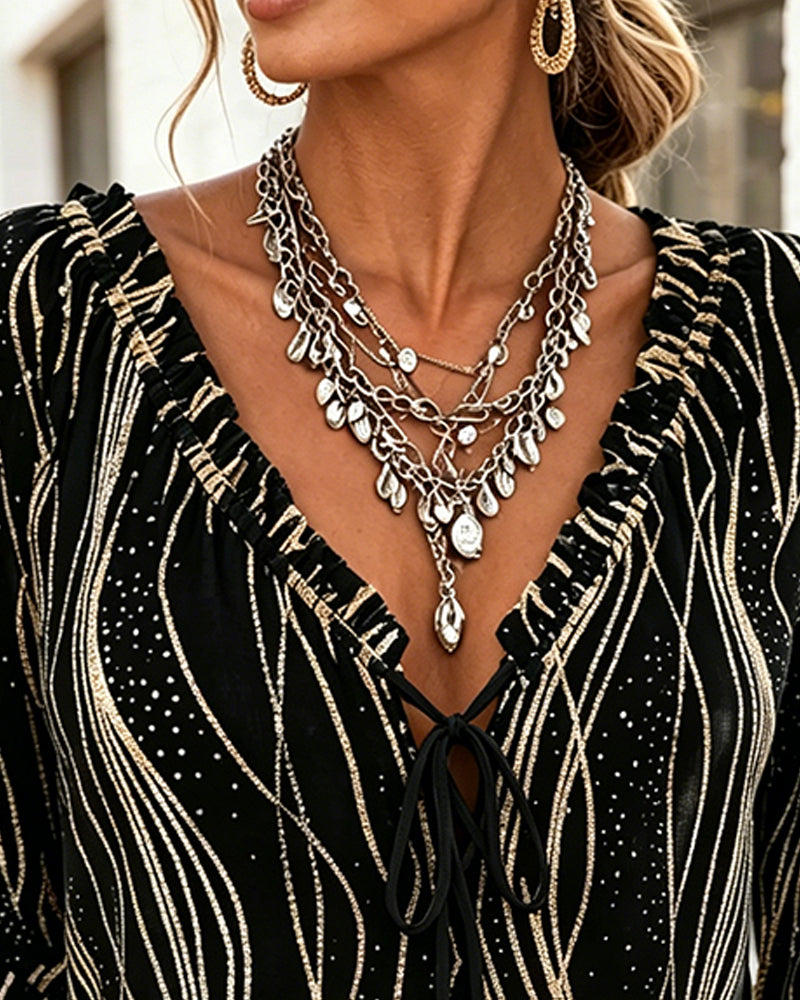 Bluse Bølge Ruffle Kant V-Hals Bind