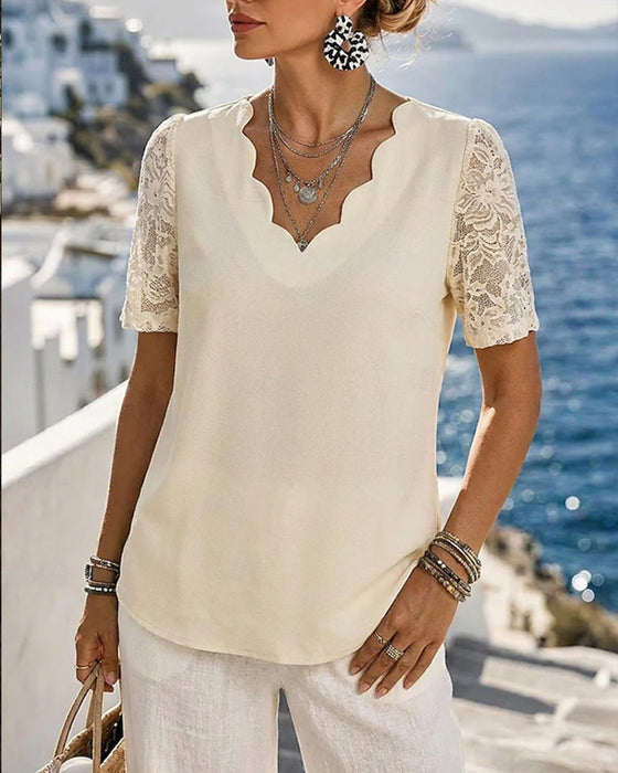 Bluse V-Hals Blonder Patchwork Ensfarvet