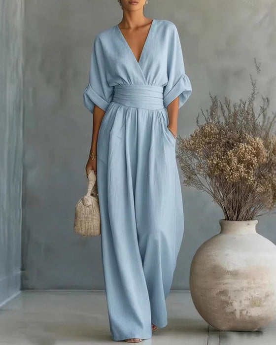 Jumpsuit V-Hals Kryds Taljeret Bred Ben