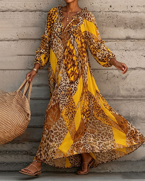 Kjole Leopard Farveblok Ruffle V-Hals