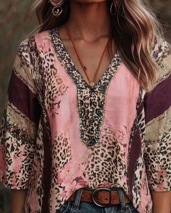 Bluse V-Hals Leopard Farveblok