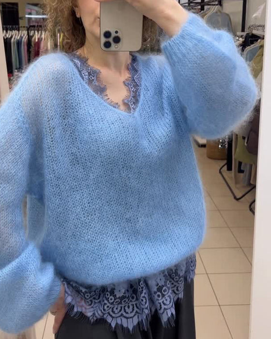Pullover V-Hals Ensfarvet Patchwork