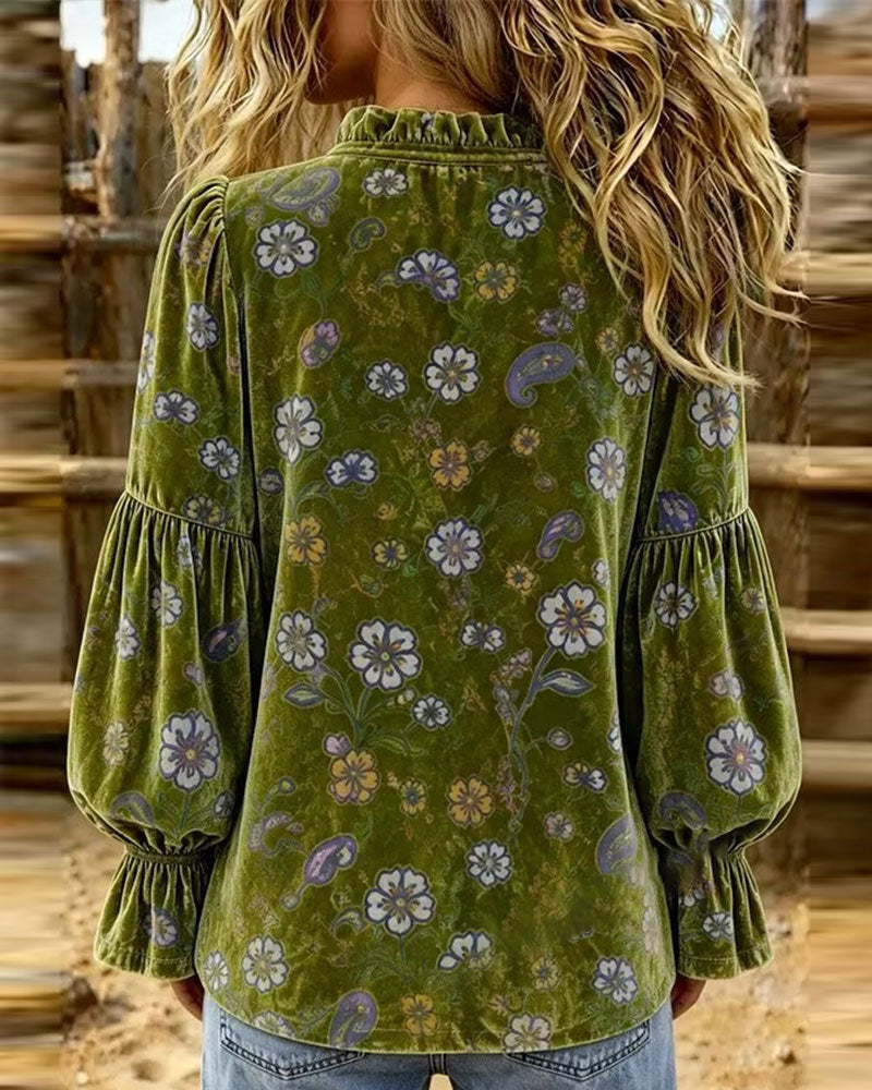 Bluse V-Hals Knap Volang Blomstret
