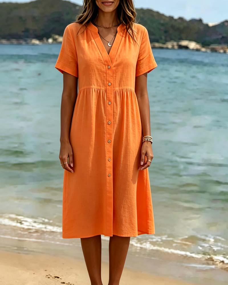 Kjole V-hals Knappelukning Resort Stil