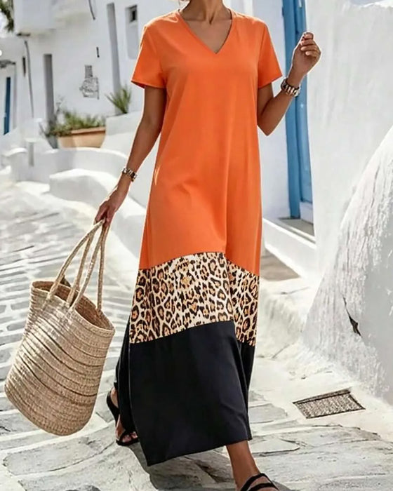 Maxi-Kjole V-Hals Farveblok Patchwork Leopard