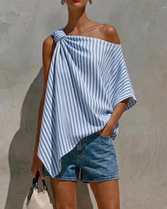 Bluse Stribet Løs Asymmetrisk Design