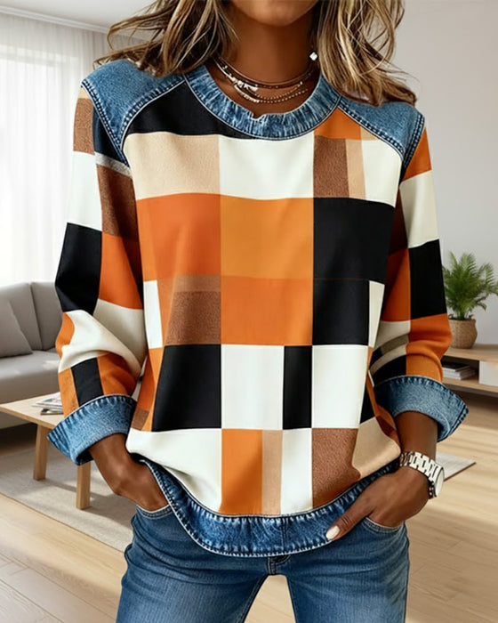 Sweatshirt Med Ternet Patchwork Og Kontrastfarve