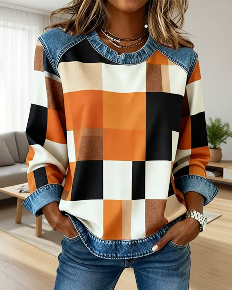Sweatshirt Med Ternet Patchwork Og Kontrastfarve