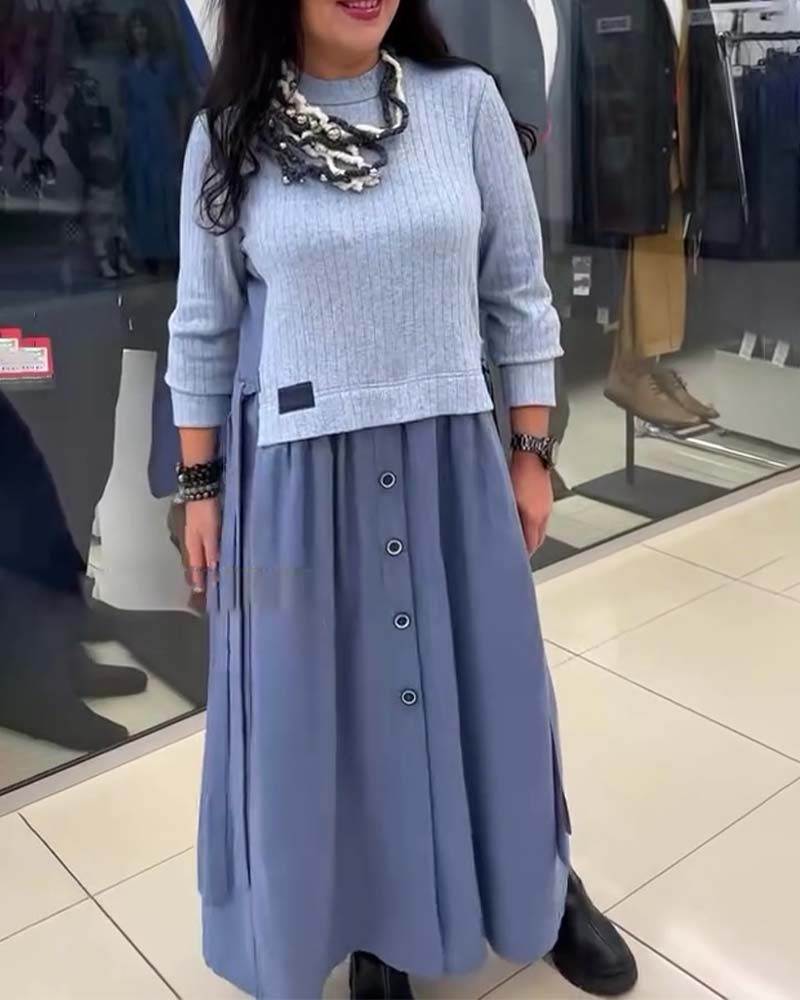 Kjole Casual Farveblok Rund Halsudskæring